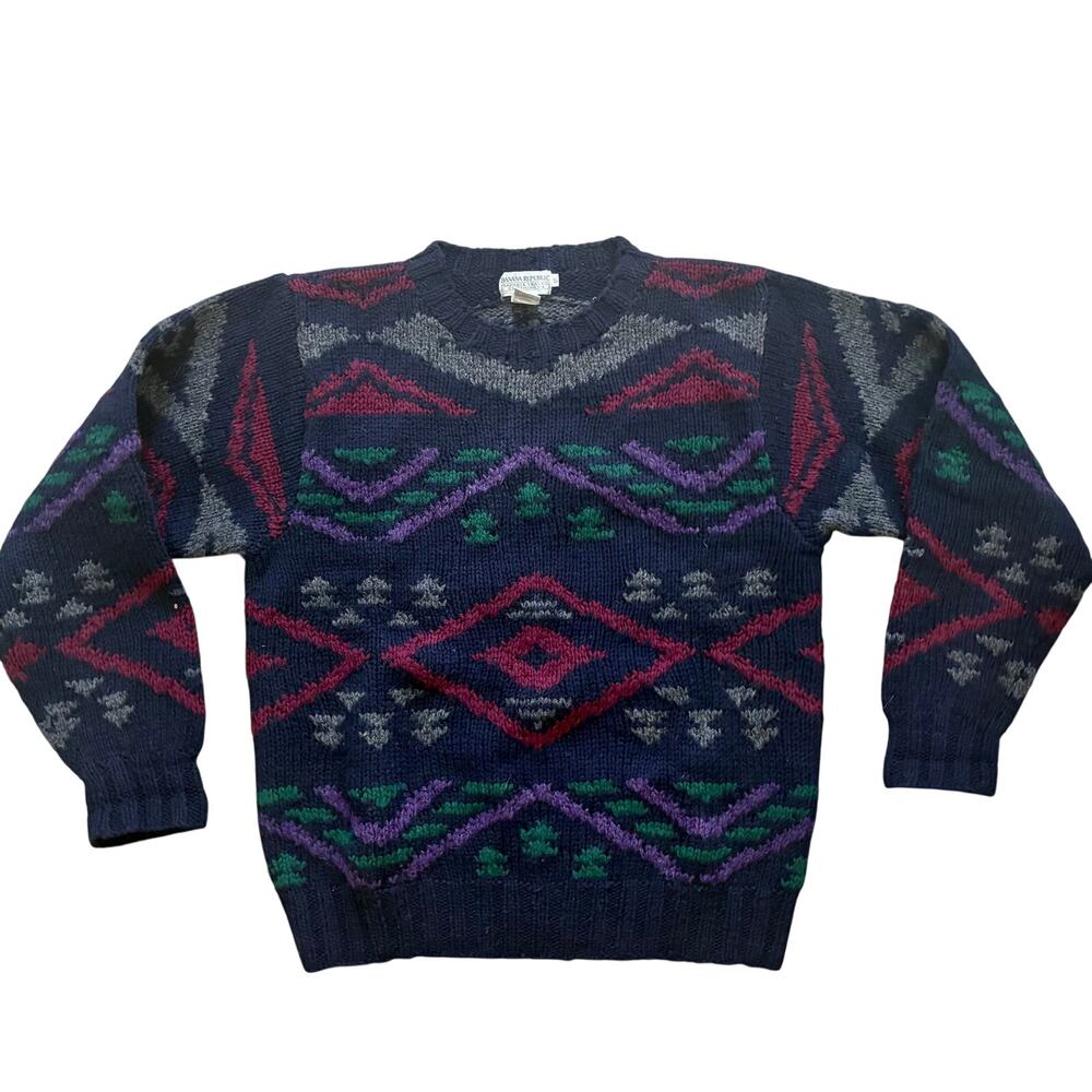 Vintage 80's Banana Republic Safari & Travel Hand Knit 100% Wool Sweater Geo